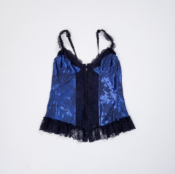 Vintage lace up corset black trim navy ruffle satin bustier top appliqué straps - Picture 3 of 9